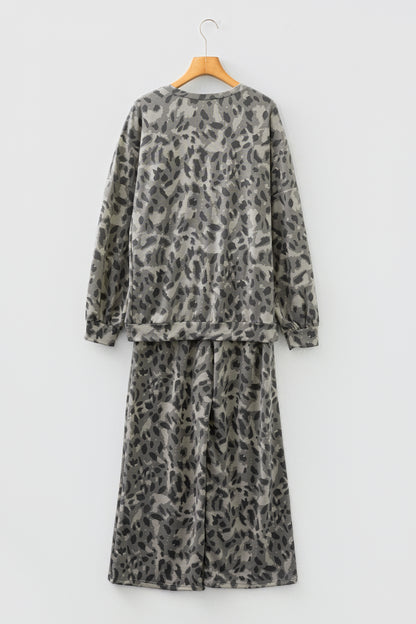 Leopard Raw Seam Sweatshirt & Wide Leg Pants Set