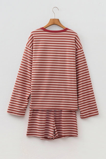 Stripe Contrast Long Sleeve Top & Elastic Waistband Short Set