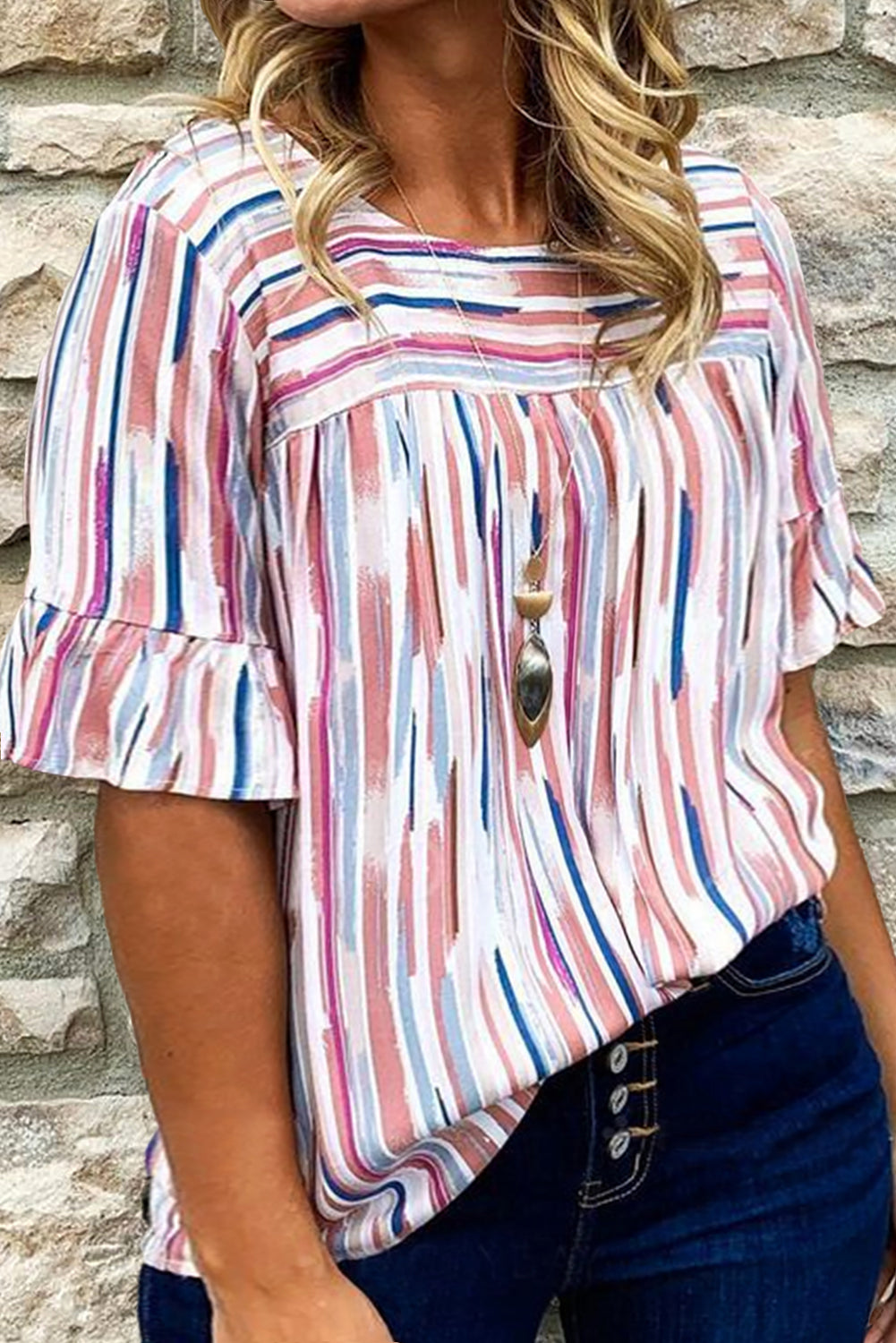 Stripe Ruffle Short Sleeve Blouse Plus Size