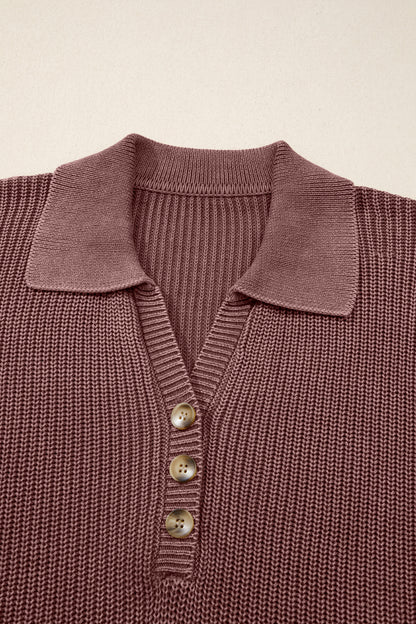 Mineral Wash Buttoned Polo Collar Knit Sweater