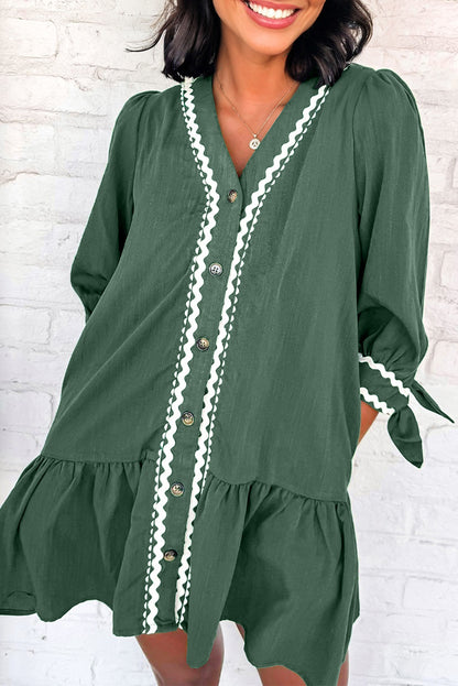 Contrast Trim Knotted 3/4 Sleeve Buttoned Dress