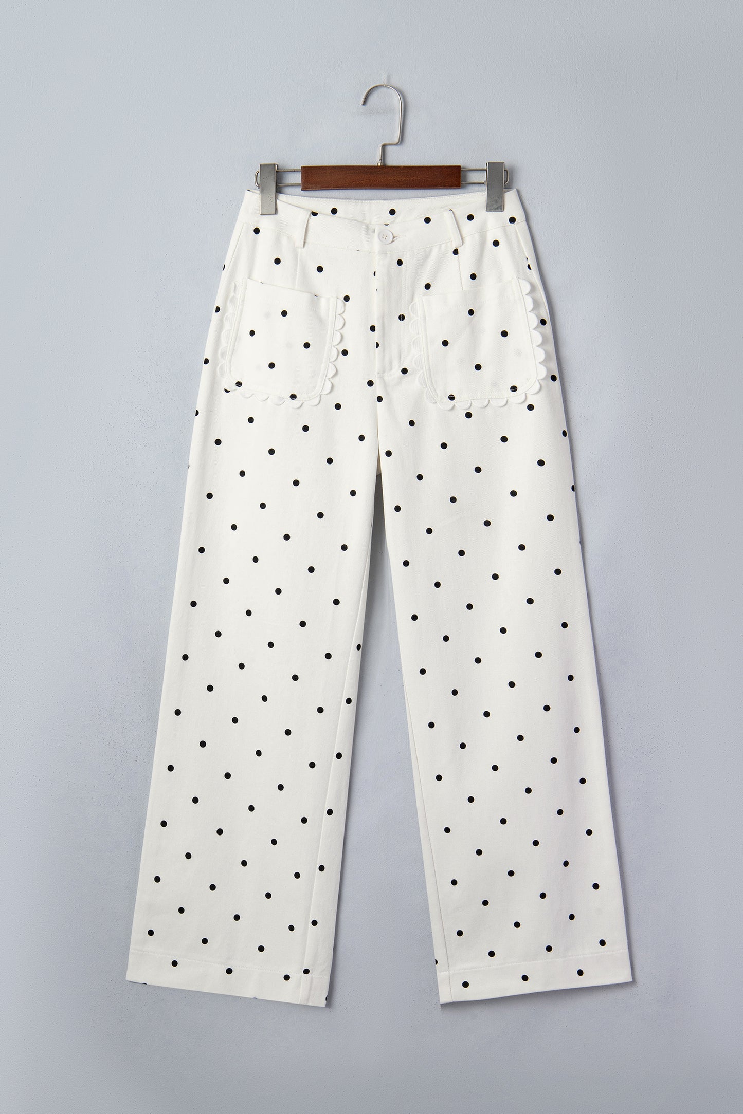 Polka Dot Denim Scalloped Patch Pocket Pants