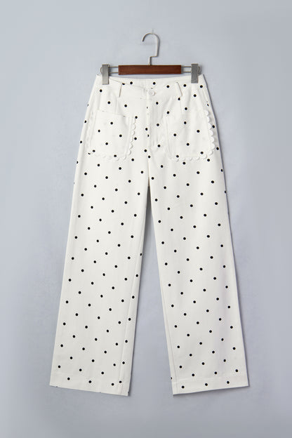 Polka Dot Denim Scalloped Patch Pocket Pants