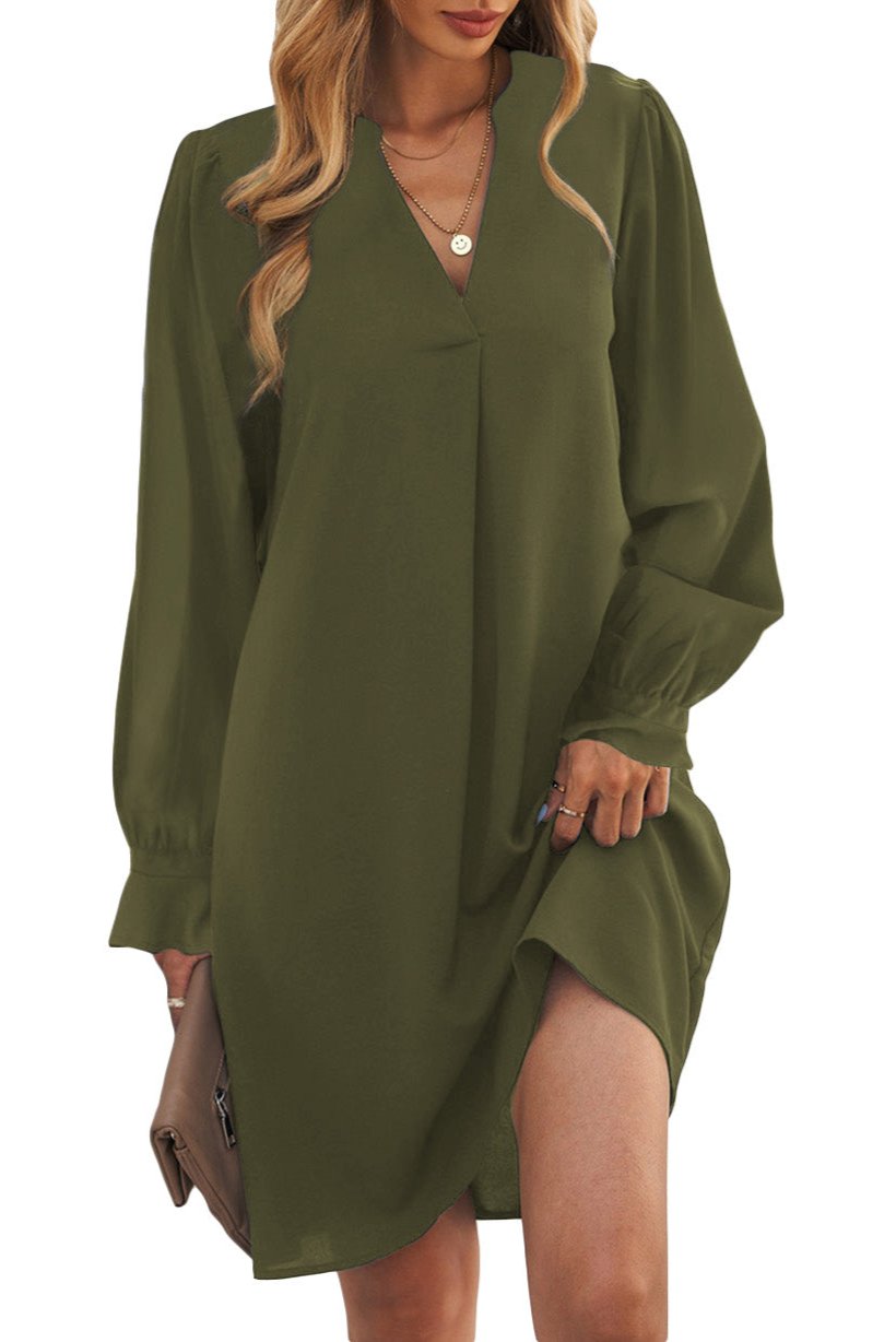 Solid V-Neck Ruffle Sleeve Dress