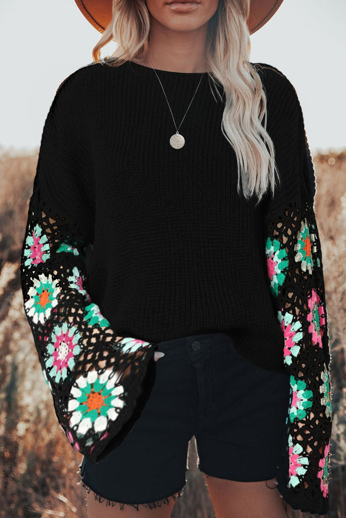 Floral Crochet Bell Sleeve Sweater