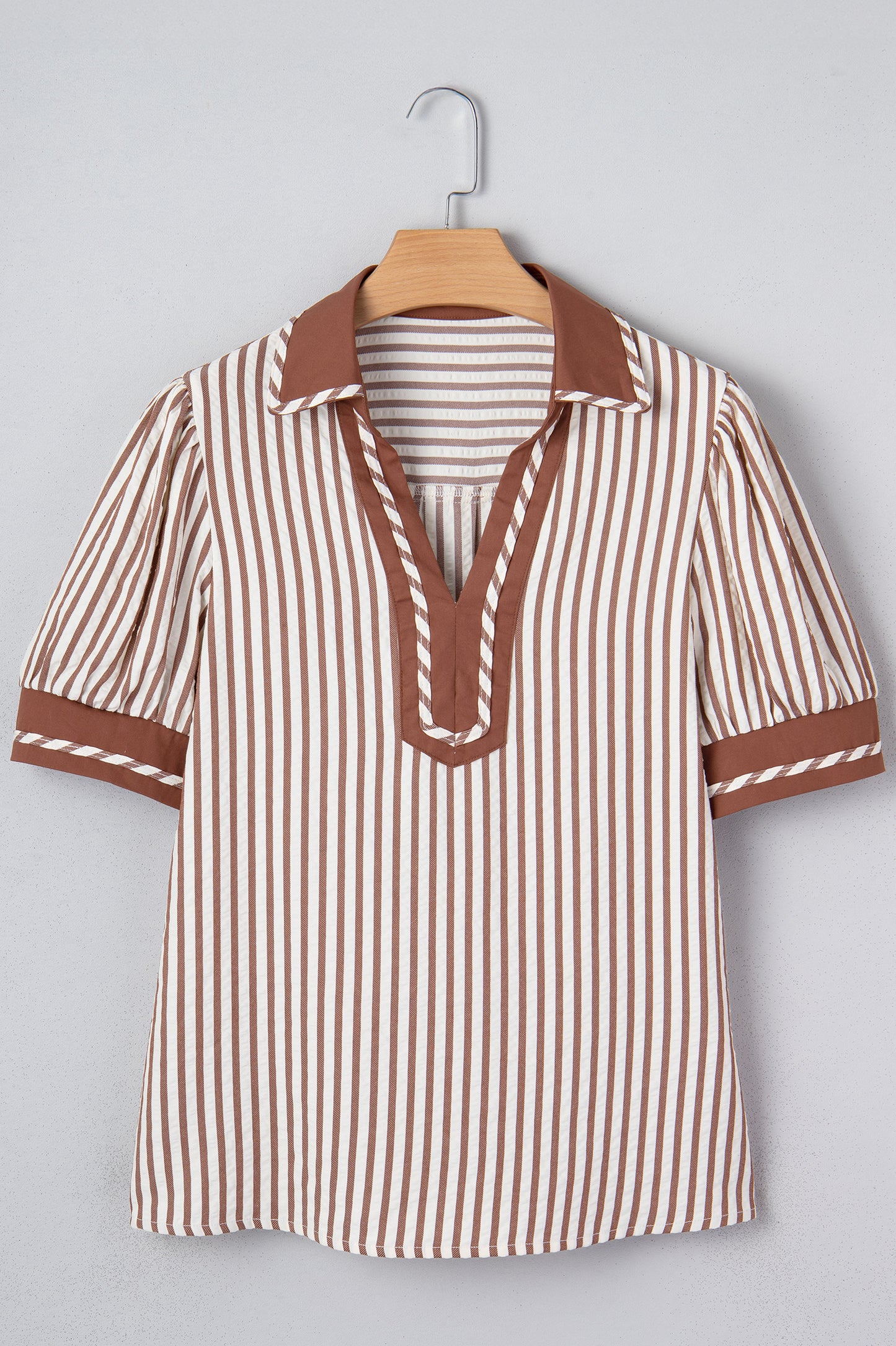 Stripe Collared V-Neck Bubble Sleeve Blouse