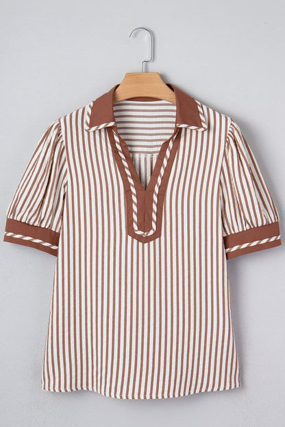 Stripe Collared V-Neck Bubble Sleeve Blouse