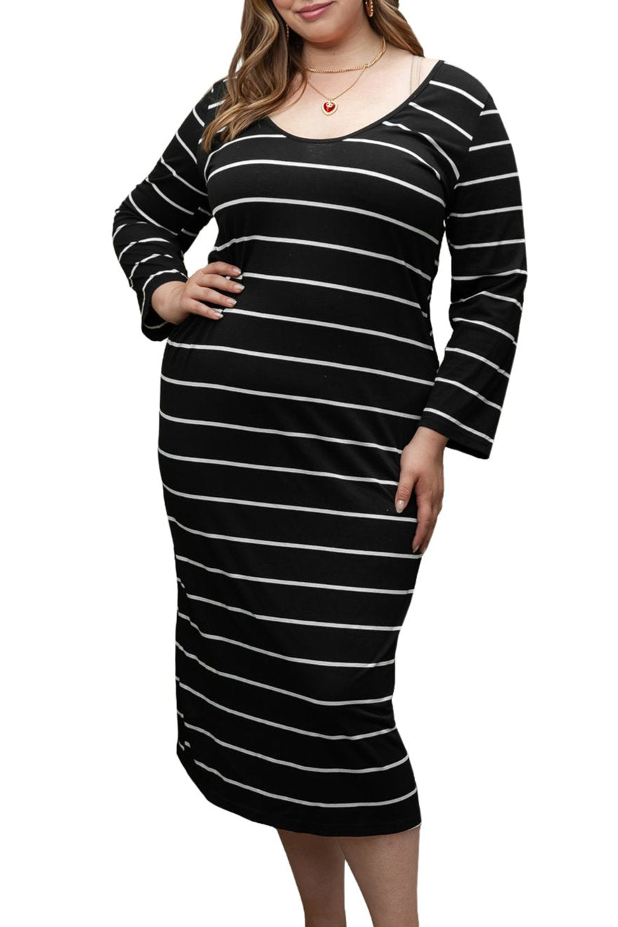 Plus Size Stripe Long Sleeve Midi Dress