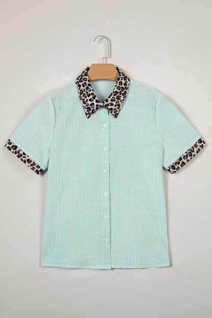 Stripe Leopard Contrast Collar Short Sleeve Shirt