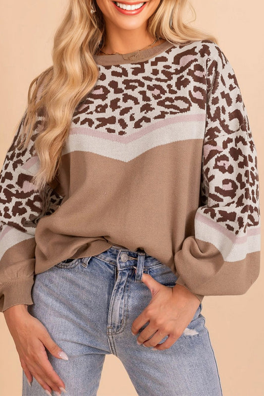 Leopard Colorblock Puff Sleeve Sweater