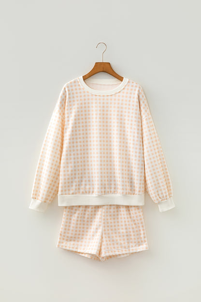 Gingham Plaid Baggy Pullover and Drawstring Shorts Set