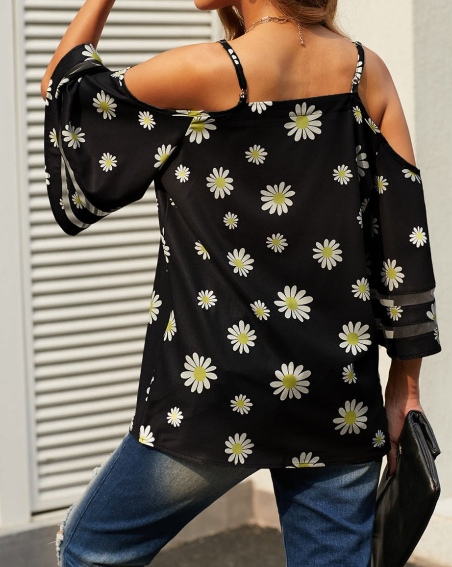 Mesh Insert Cold Shoulder Blouse