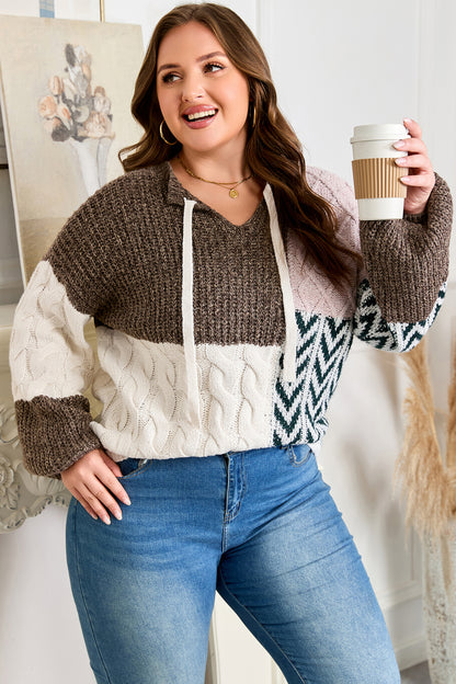 Plus Size Colorblock Cable Knit Tie Back Sweater