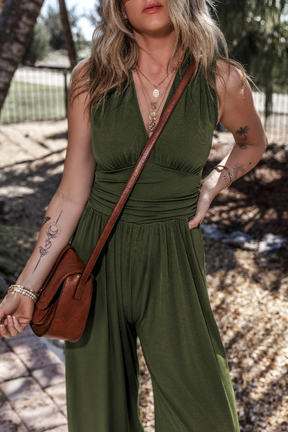 Ruched Sleeveless Wide Leg Jumpsuit