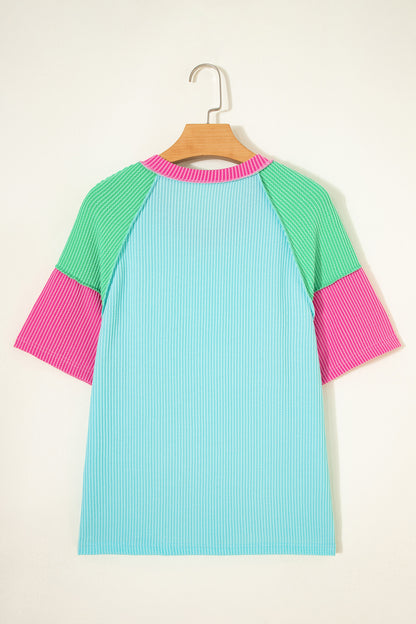 Colorblock Corded Knit Raglan Short Sleeve Tee