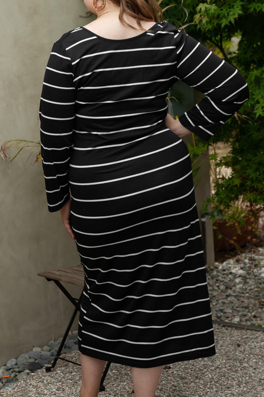 Plus Size Stripe Long Sleeve Midi Dress