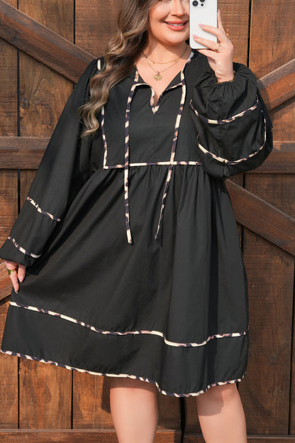 Plus Size Leopard Contrast Trim Tie-Neck Mini Dress