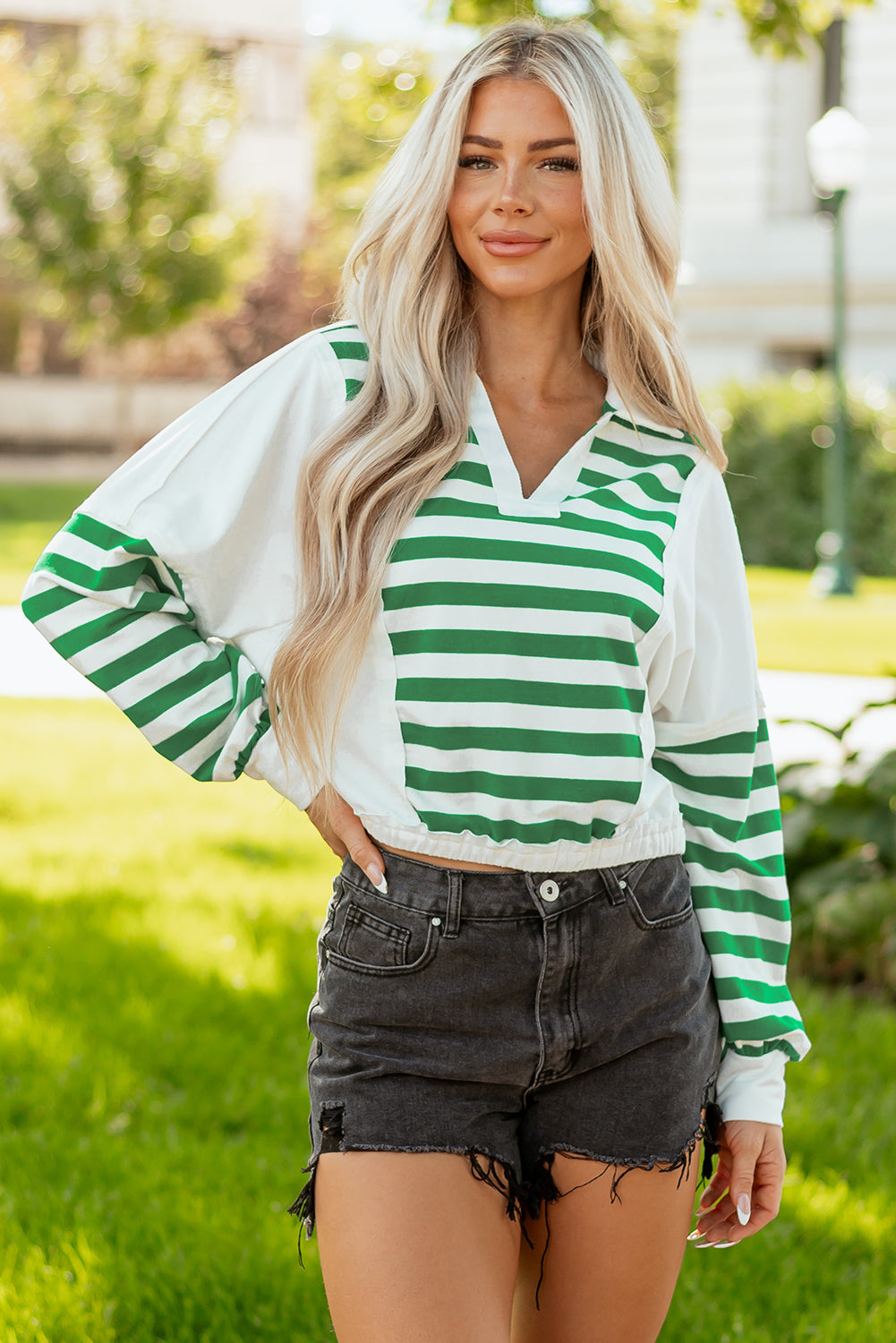 Stripe Colorblock Collared V-Neck Cropped Top