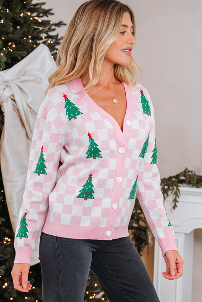 Checker Christmas Tree Buttoned V-Neck Cardigan Sweater