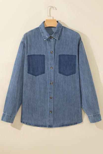 Colorblock Denim Long Sleeve Buttoned Shirt