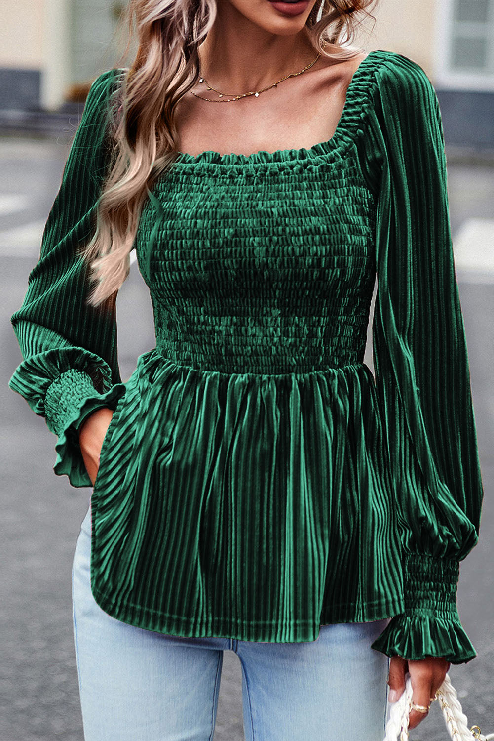 Pleated Velvet Smocked Babydoll Top