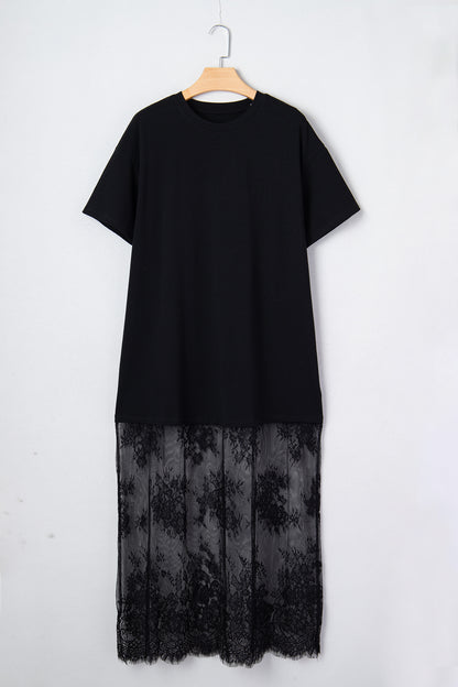 Solid Lace Patchwork Short Sleeve Maxi Dress