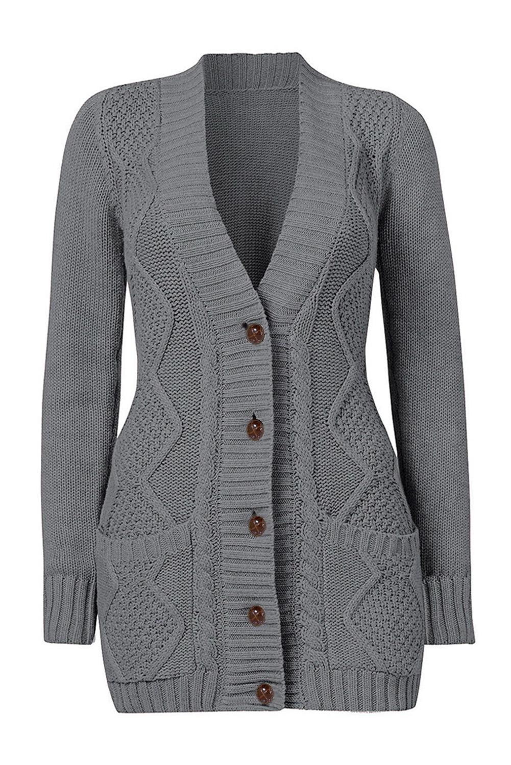 Cable Button Front Pocketed Cardigan