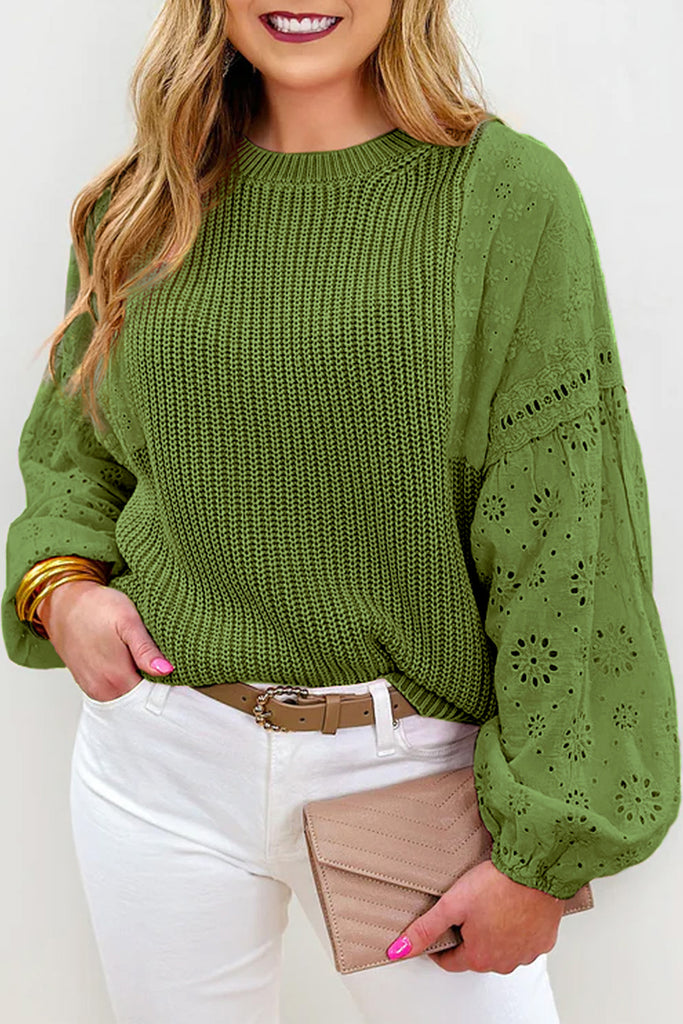 Patchwork Eyelet Puff Sleeve Sweater