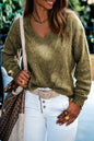 Solid Eyelet Drop Shoulder V-Neck Sweater