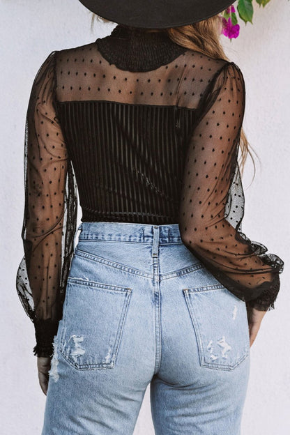 Dotted Mesh Ribbed Velvet Bodysuit