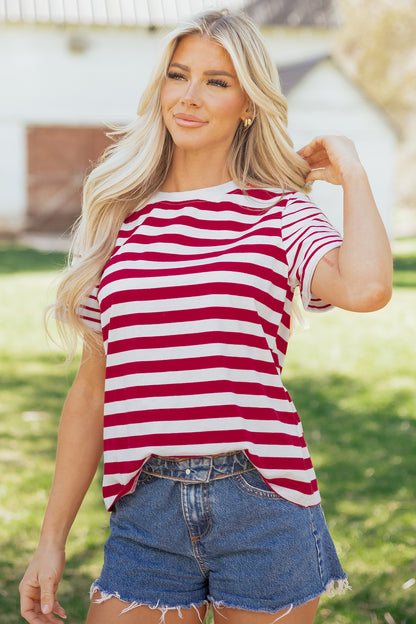 Stripe Patchwork Round Neck Short Sleeve T-Shirt