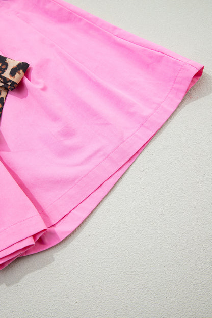 Leopard Contrast Belt Pleated Wide Leg Shorts