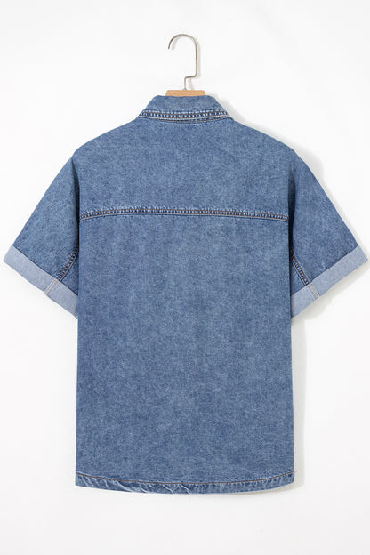 Denim Buttoned Flap Pocket Cuffed Short Sleeve Shirt