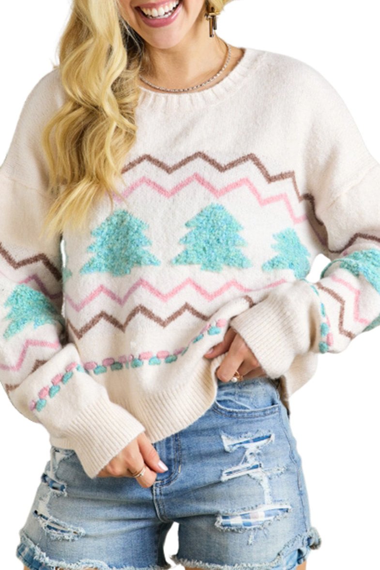 Christmas Tree Stripe Ribbed Trim Sweater