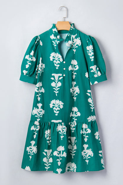 Floral Frilled V-Neck Puff Sleeve Mini Dress