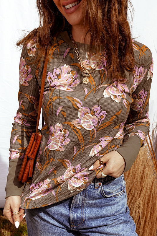 Floral Waffle Textured Long Sleeve Top