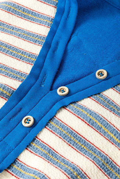 Stripe Buttoned Collared V-Neck Drop Shoulder Top