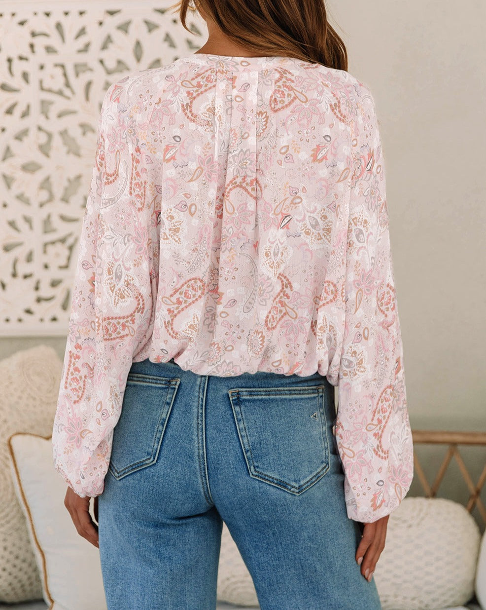 Paisley Buttoned Bubble Sleeve Blouse