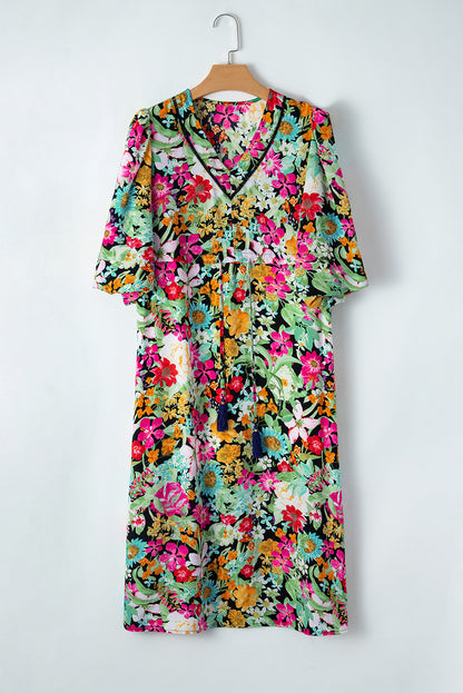 Floral 3/4 Puff Sleeve Midi Dress