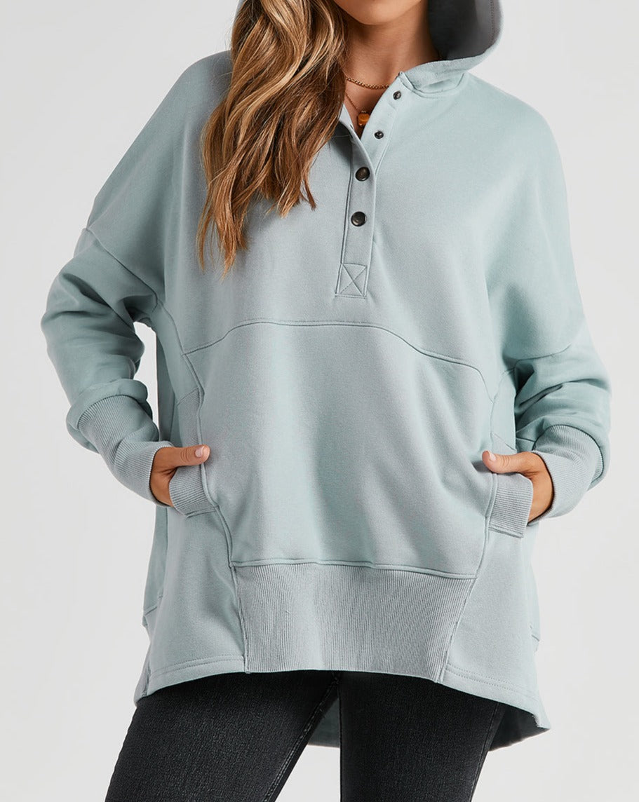 Buttoned Henley Kangaroo Pocket Hoodie