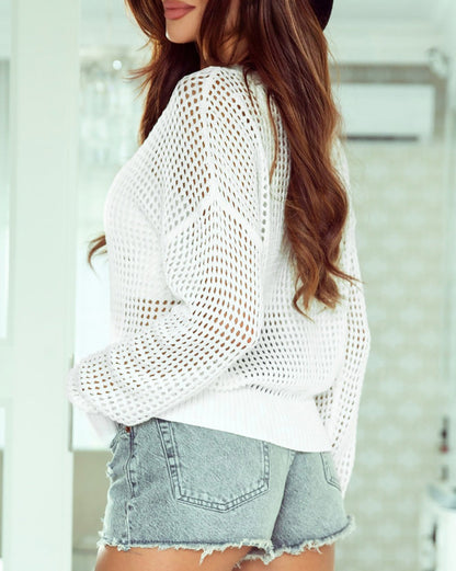 Hollowed Long Sleeve V-Neck Sweater