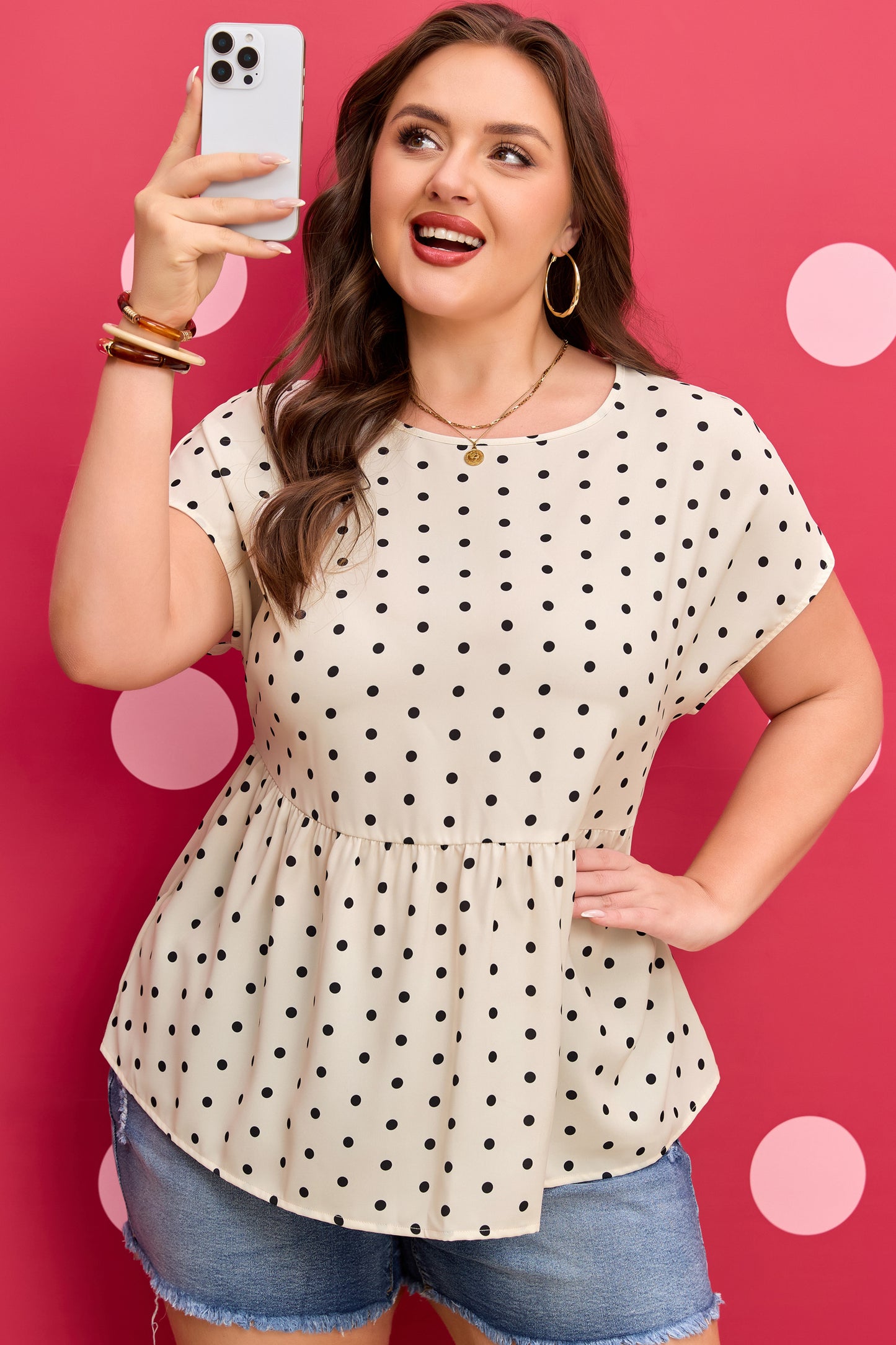 Plus Size Polka Dot Button Back Babydoll Blouse