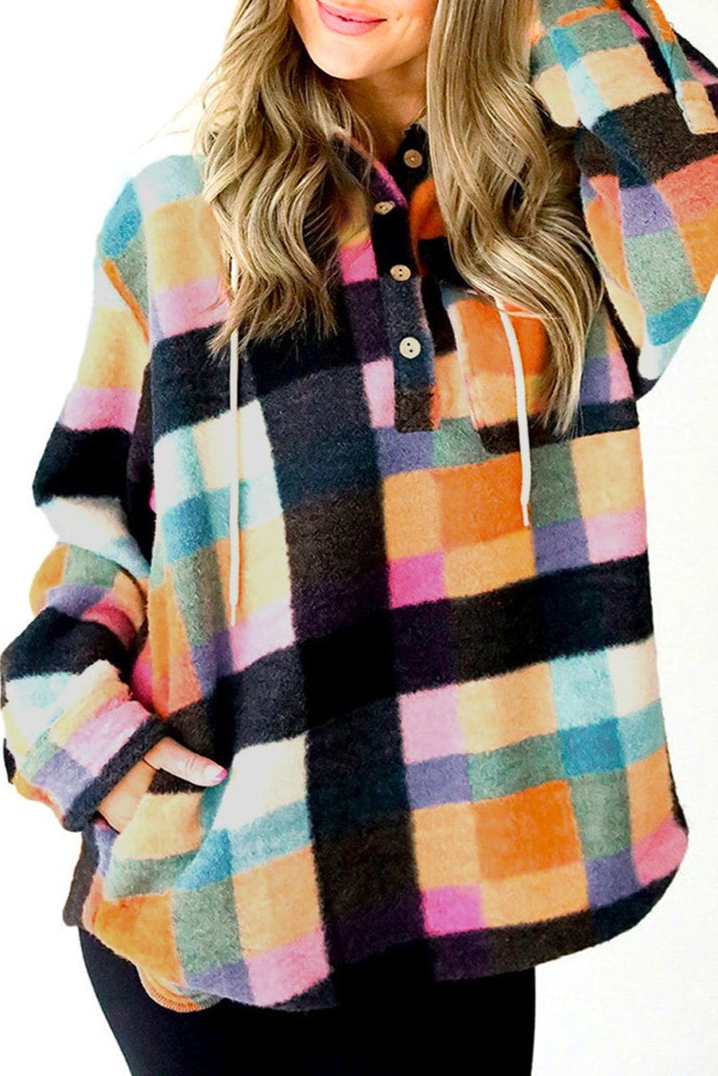 Plaid Colorblock Flap Pocket Hoodie