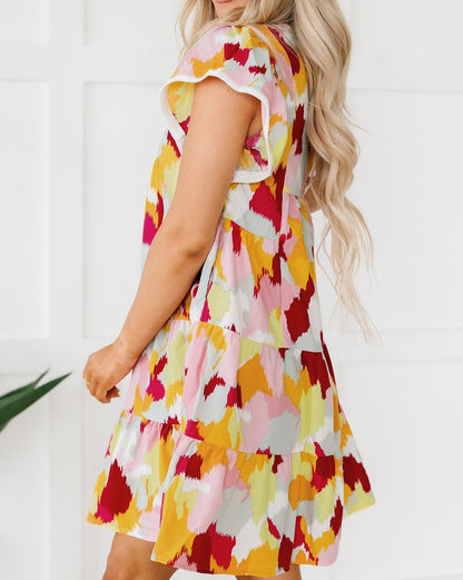 Abstract Flutter Sleeve Tiered Dress