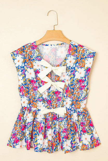 Floral Bow Tie Sleeveless Peplum Blouse