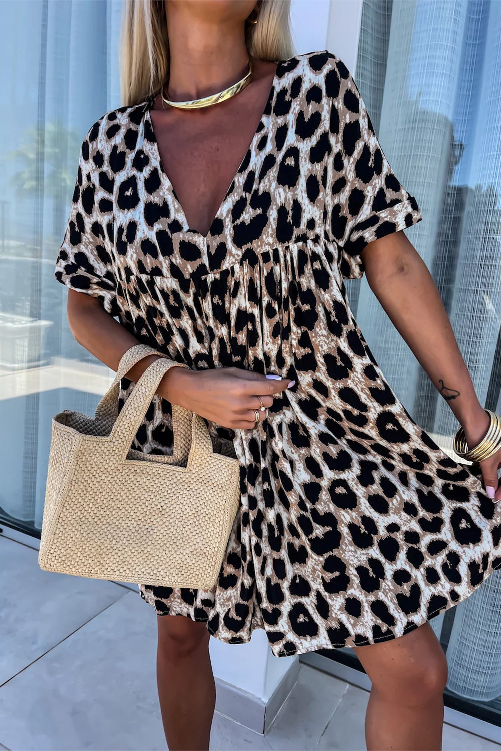 Leopard Backless V-Neck Mini Dress