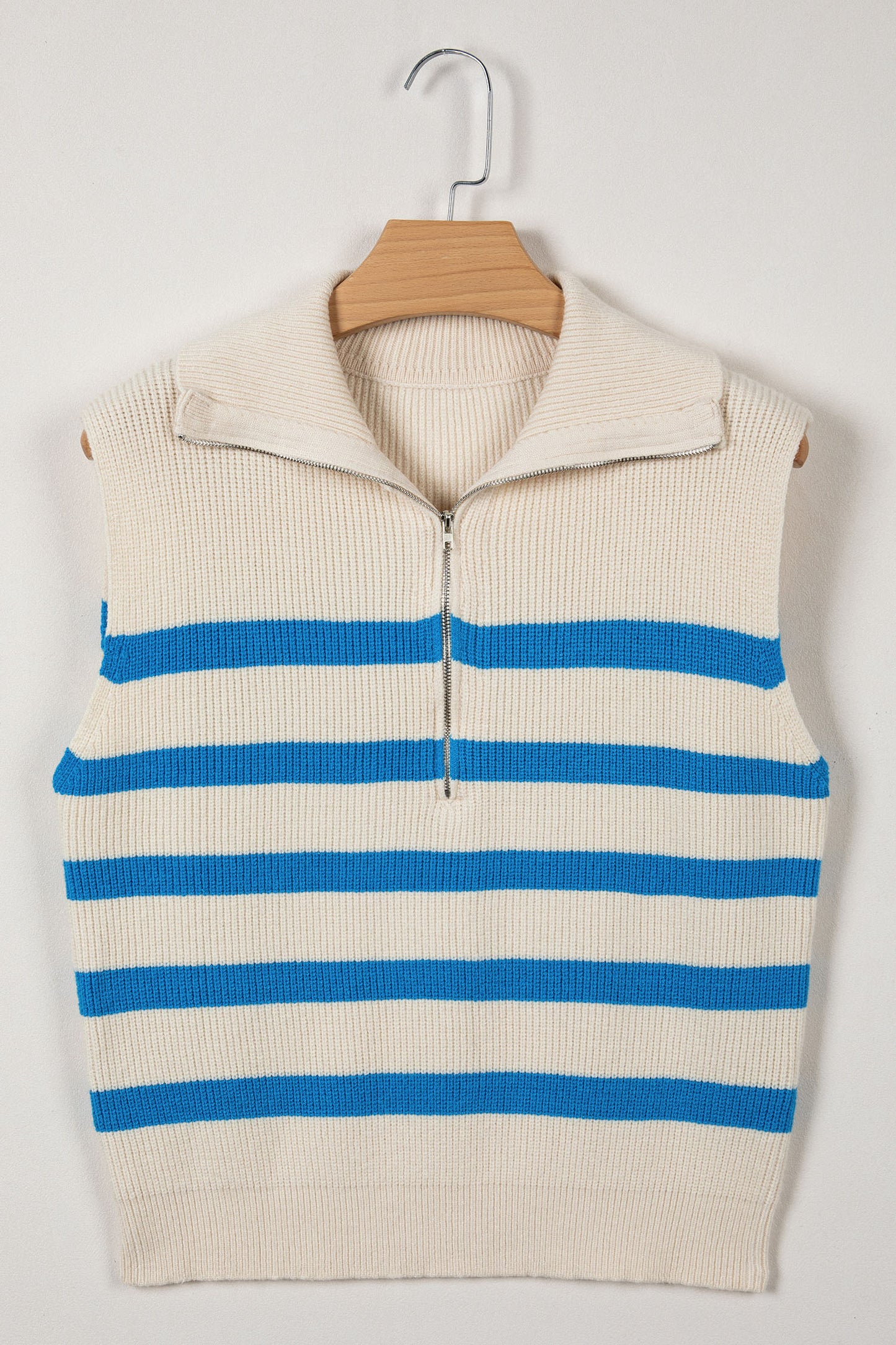 Stripe Ribbed Half-Zip Collar Sleeveless Sweater