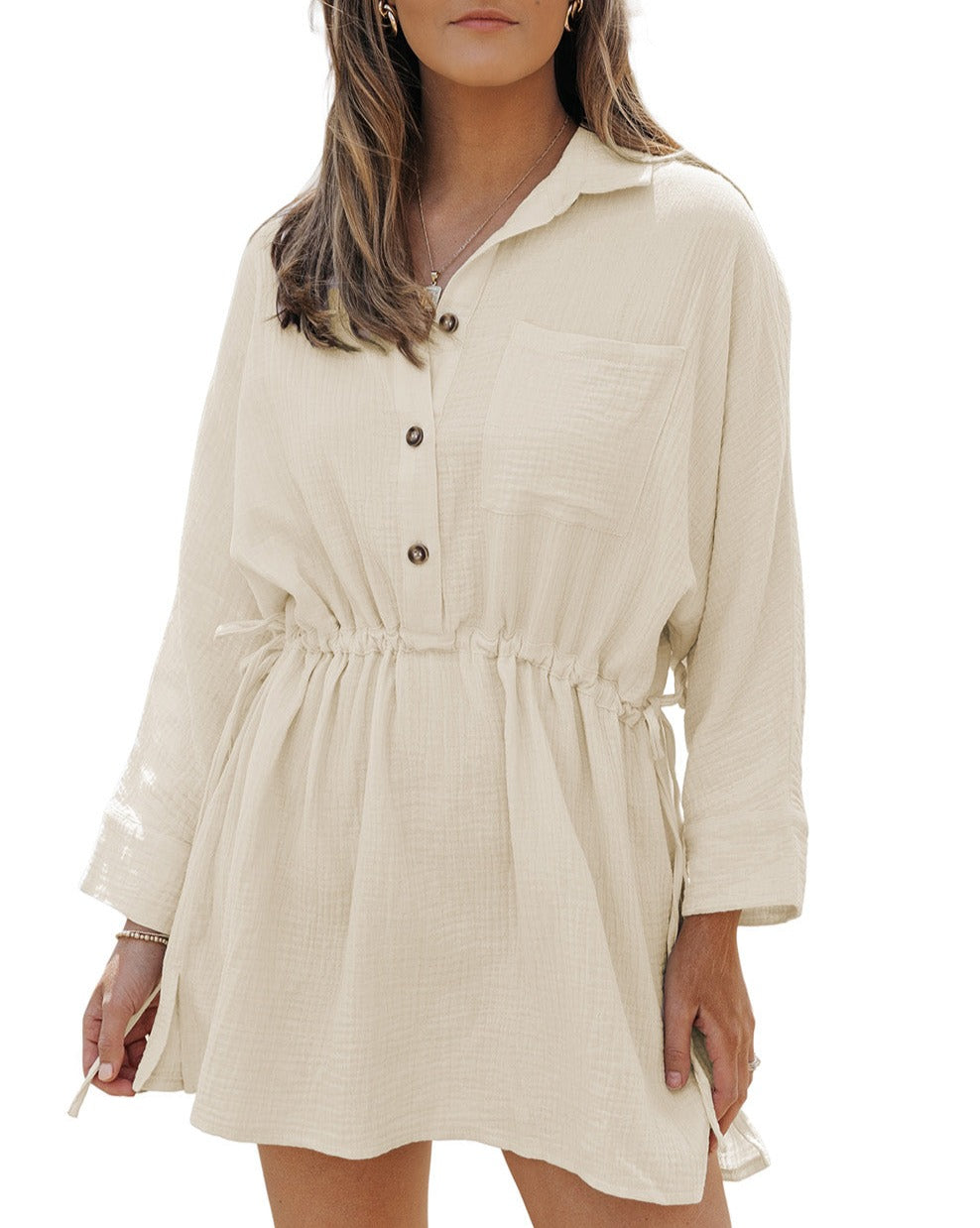 Gauze Drawstring Waist Buttoned Dress