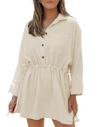 Gauze Drawstring Waist Buttoned Dress