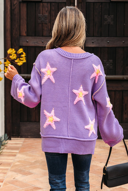 Star Textured V-Neck Drop Shoulder Oversized Sweater